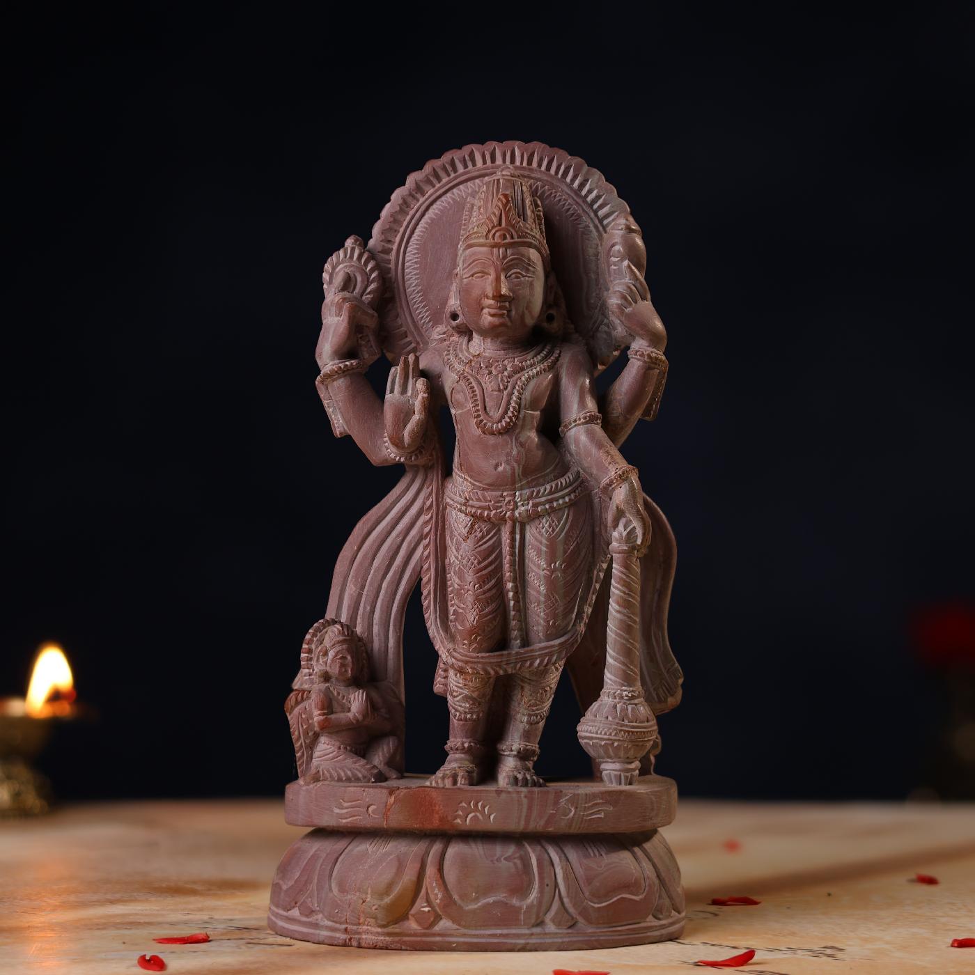Front view of 8 inch Pink Stone Lord Vishnu idol standing statue, handcrafted in stone
