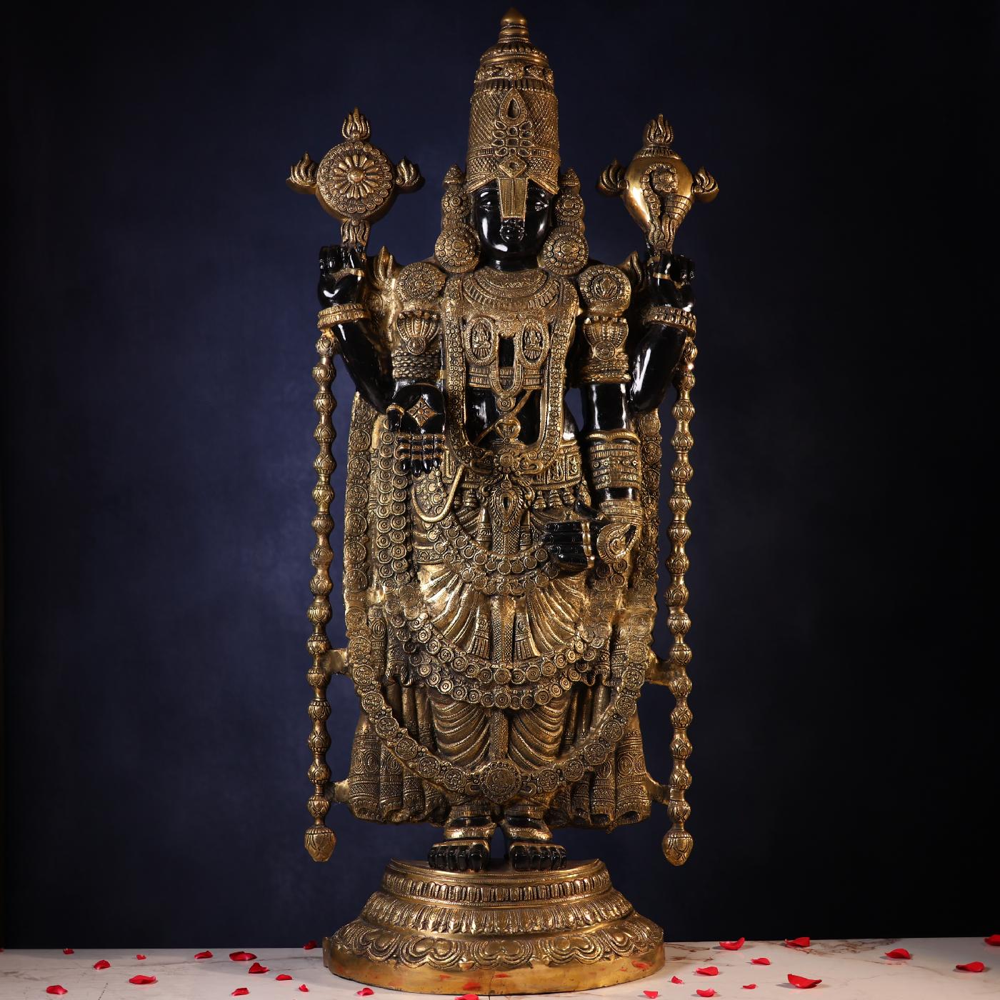 Big 48-inch Brass Tirupati Balaji Idol with black body finish, handcrafted for temples and home pooja.