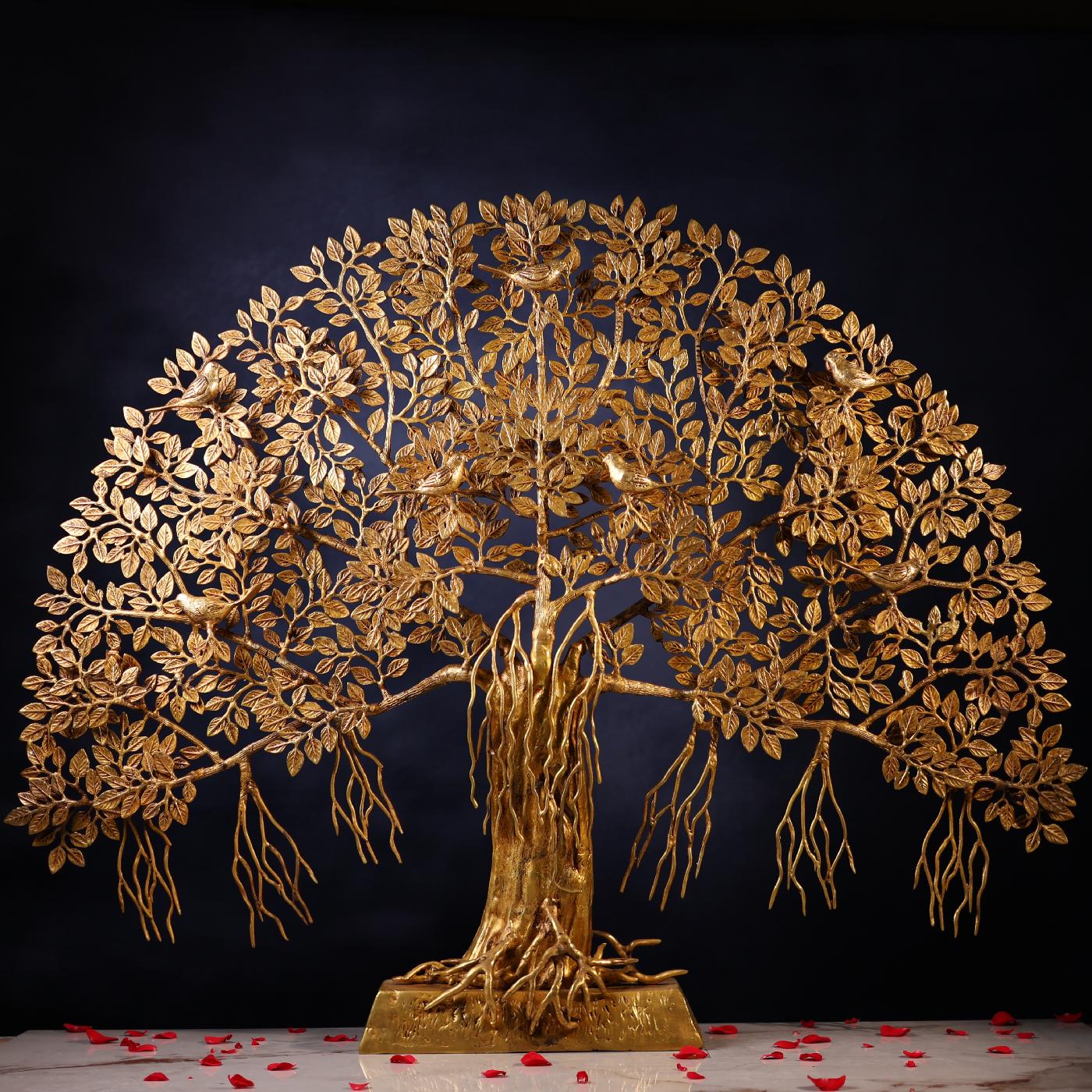 Brass Large Standing Tree of Life with Perched Birds – 40 Inch – Front View